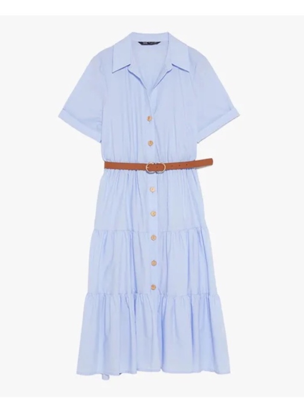 Zara Medium Light Blue Tiered Midi Shirt Dress with Brown Belt